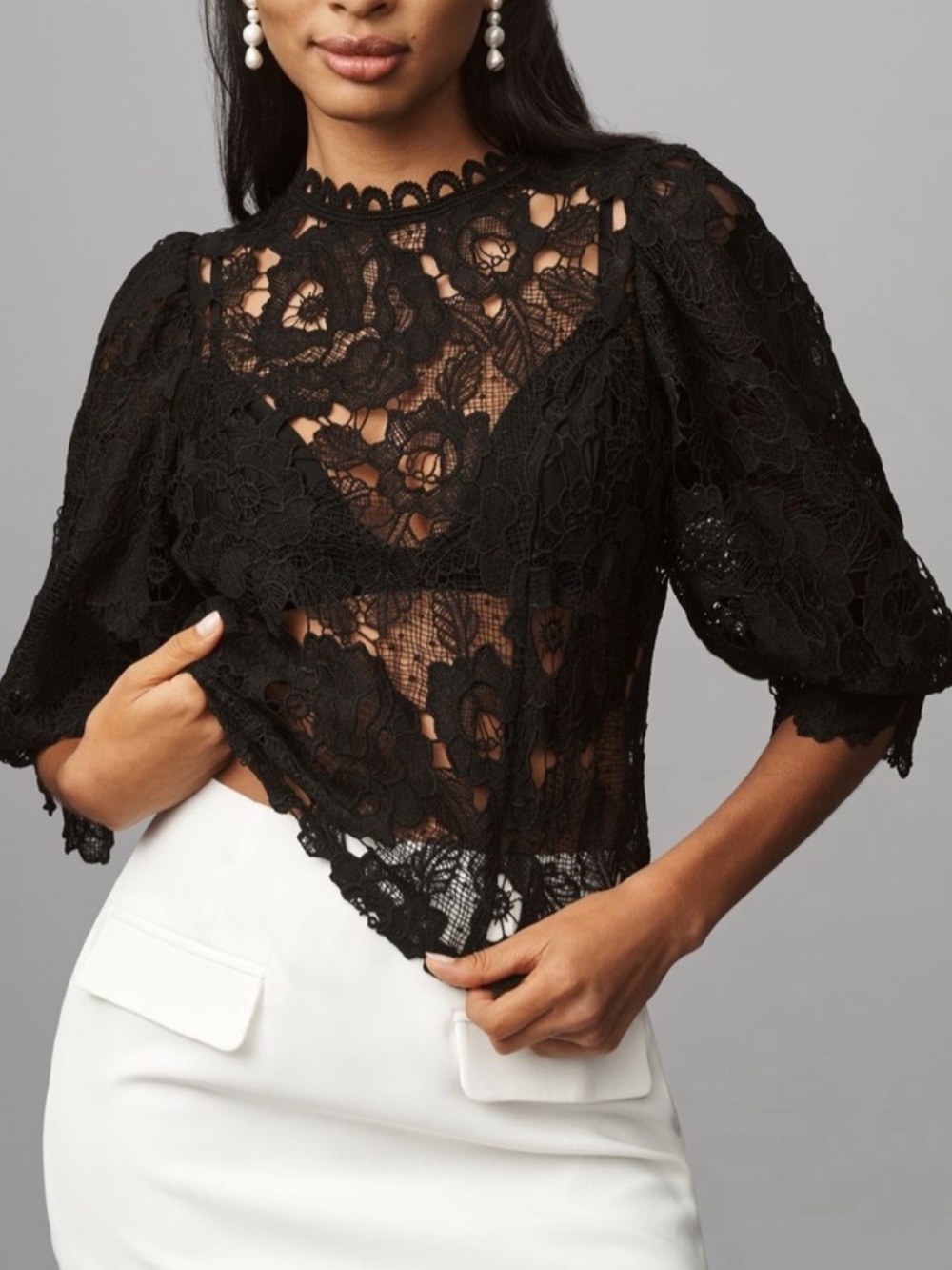 Anthropologie Sarah Hann Black Floral Lace Puff-Sleeve Blouse 3X Like New - Picture 5 of 10